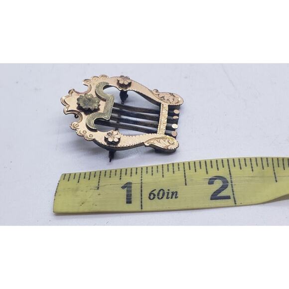 Vintage Antique Victorian Lyre Harp Brooch Pin Floral Etched Music - Picture 6 of 7
